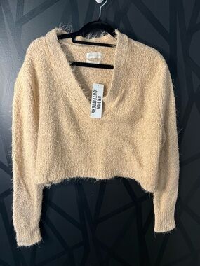 Urban Outfitters Beige Fuzzy V-Neck Cropped Sweater